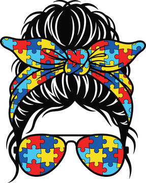Autism Awareness Woman Avatar with Puzzle Pattern Sunglasses Vector Female Hairstyle Headwrap Illustration