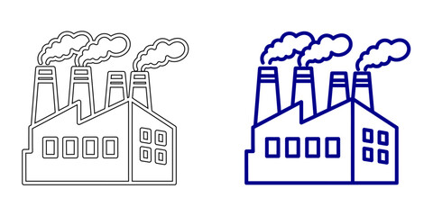 Naklejka premium Industrial Factory Building with Multiple Smoking Chimneys, Minimalist Navy Blue and Gray Outline Vector Icon for Manufacturing Plant, Heavy Industry, and Power Production Concept