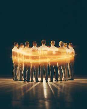 Team of people in circle with light trails, unity and connection