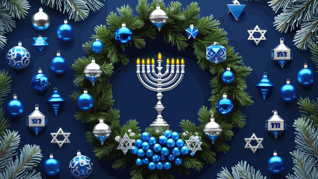 Hanukkah menorah with blue decorations and pine branches on a dark background