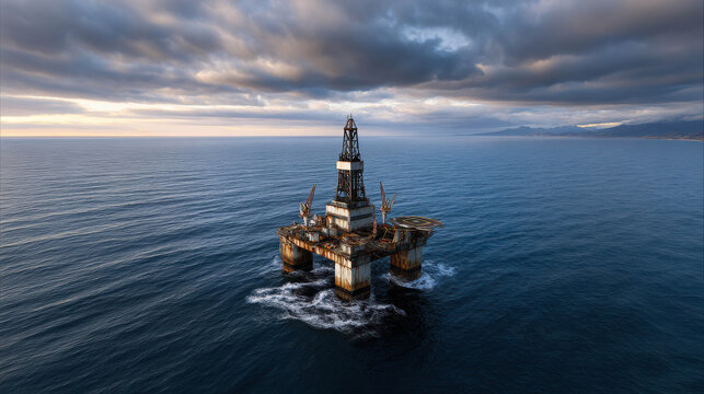 An offshore oil rig sits in the vast ocean under a dramatic sky, a testament to industrial innovation in the face of nature