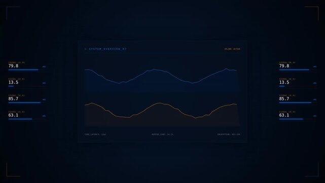 Data visualization panel displaying fluctuating line graphs with numerical values and statistics