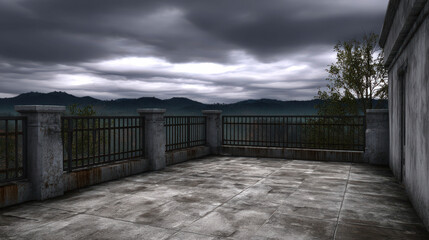 Fototapeta premium A view of a balcony on a gloomy day, with a view of the mountains and dark clouds
