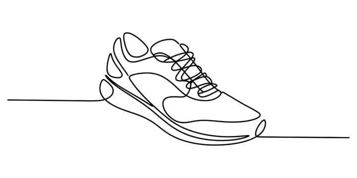 A single continuous line drawing capturing the sleek profile of a modern athletic running sneaker