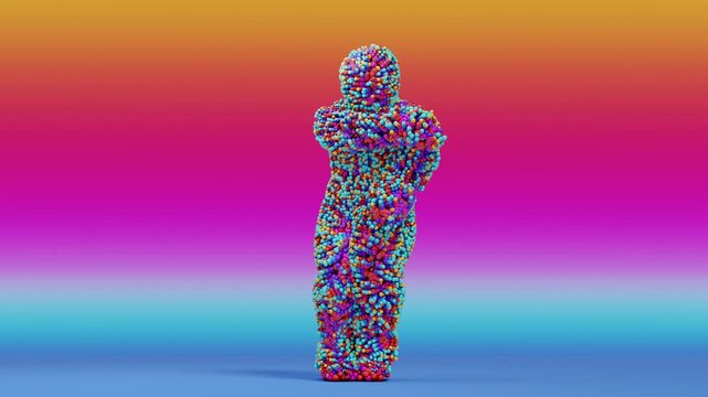 A high-energy seamless VJ loop featuring a stylized, dancing humanoid figure constructed entirely from glowing purple spheres, performing dynamic moves against a vibrant, gradient  background