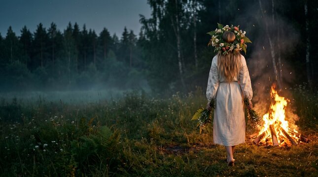 Walking toward misty firelight in a flower wreath for Ivan Kupala holiday