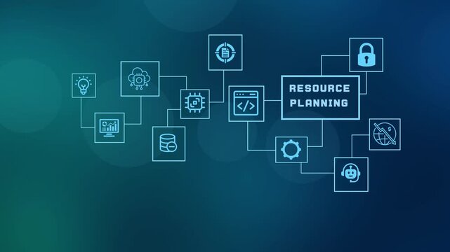 Enterprise resource planning and digital management concept with technical icons representing data analytics and efficient business operations.
