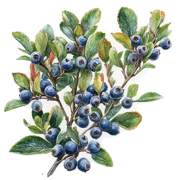 Huckleberry, detailed watercolor painting, isolated on a white background.