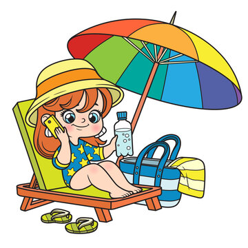 Cute cartoon girl in a swimsuit sits on sun lounger under an umbrella with water and phone on white background