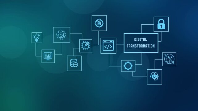 Concept of digital transformation and business modernization with abstract network icons for cloud computing and automation on blue background.