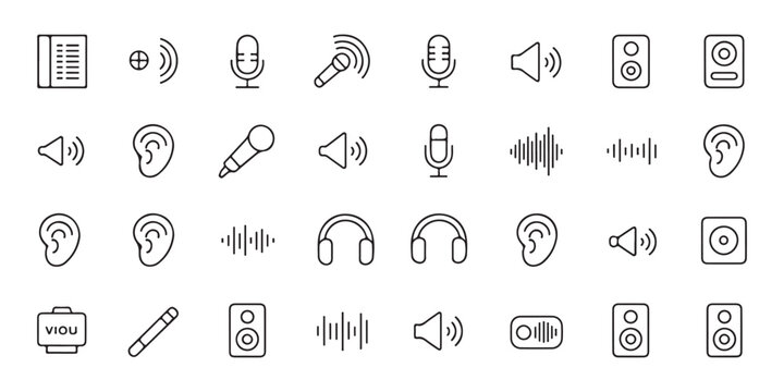 Audio Equipment and Sound Wave Line Icon Set for Digital Media