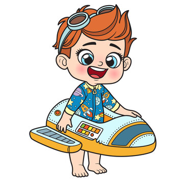 Cute cartoon boy in a bathing suit and with space shuttle-shaped float isolated on a white background