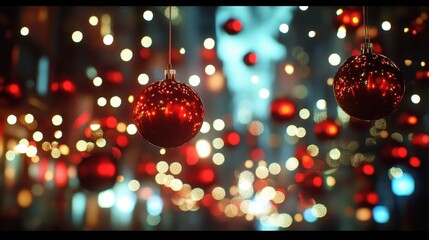 Fototapeta premium A single red Christmas ornament hangs in focus amidst blurred festive lights and cheerful decorations, creating a magical holiday atmosphere.
