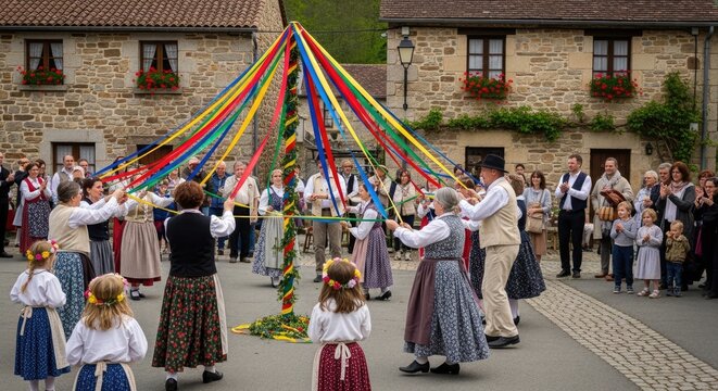 People dancing around a colorful maypole in a village square during a traditional festival.