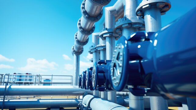 dynamic force of industrial pipelines and valves with a vivid front-view image against a blurred blue sky background, emphasizing the prowess of manufacturing and technological progress