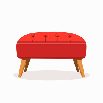 Red Tufted Ottoman with Wooden Legs