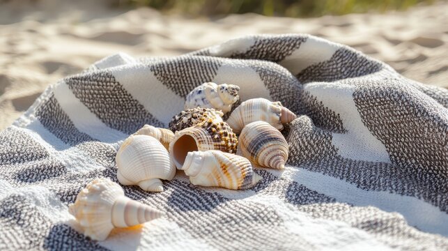 Assorted Seashell Collection Artfully Arranged on a Striped Beach Towel Under Soft Natural Light