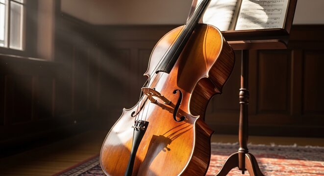 Acoustic Cello with Music Stand in a Sunlit Room.