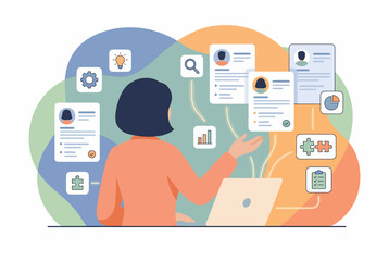 Fototapeta premium Woman managing digital information economy hub for talent recruitment