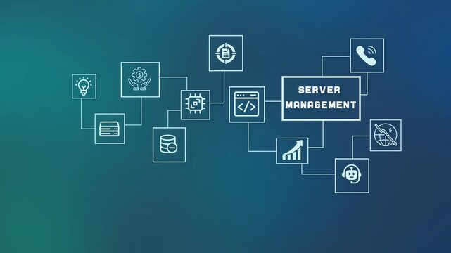  Enterprise technology concept for Server Management featuring cloud computing icons, network security, data storage, and IT infrastructure.