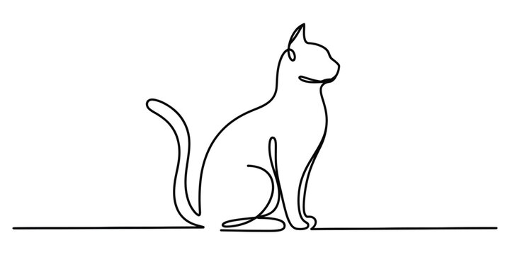 Minimalist continuous line drawing of a sitting cat with a sleek silhouette and upright posture