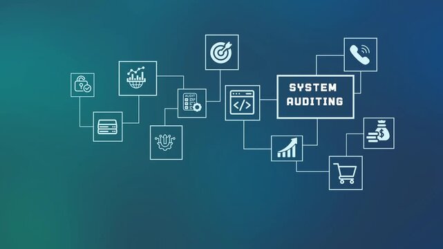 System auditing and regulatory compliance concept with icons for security logs, process monitoring, quality control, and technical verification.
