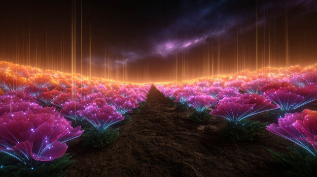 An enchanting, vibrant field of luminous, otherworldly flowers under a colorful celestial sky. A magical, scenic, surreal landscape