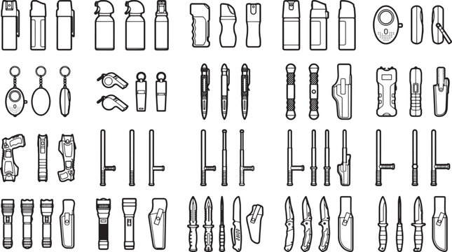 Collection of self-defense equipment, illustrating a variety of tools designed for personal safety and protection.