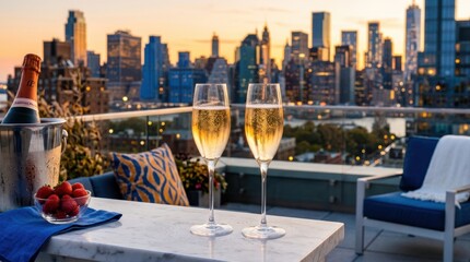 Obraz premium Champagne toast on a rooftop terrace overlooking a city skyline at sunset