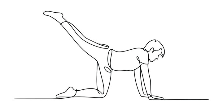 A continuous line drawing of a person performing a donkey kick exercise for fitness and strength