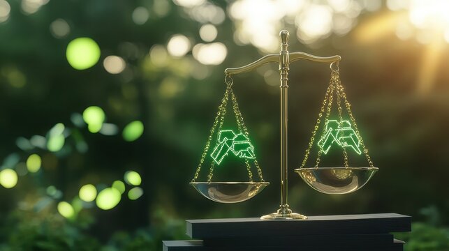 Scales of Justice Balancing Green Energy Symbols and Financial Documents Amidst Nature's Glow