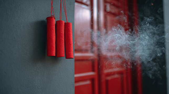 Dynamite sticks hanging on the wall with smoke