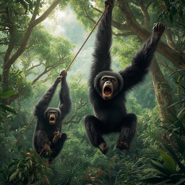 A pair of loud-voiced gibbons swing and leap through the branches of the rainforest canopy. The male gibbon&rsquo;s swollen throat sac is clearly visible as he shouts. Their long, thick jet-black fur contra