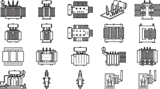 Diverse collection of industrial electrical transformers depicted in a clean, minimalist illustration style, suitable for educational or technical contexts.