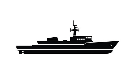A stark black silhouette depicts a modern naval warship showcasing its streamlined hull and superstructure high quality professional © Pvect02
