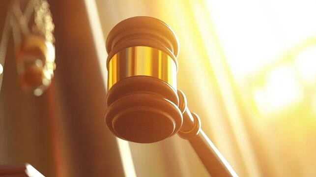 Wooden Gavel with Golden Band Illuminated by Bright Sunlight, Symbolizing Justice and Legal Authority