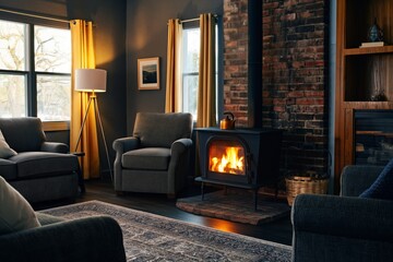 Naklejka premium Cozy Sitting Area With a Fireplace and Warm Lighting During Evening