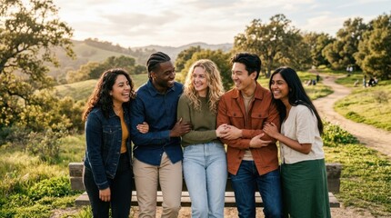 Fototapeta premium Diverse group of friends laughing together outdoors on a sunny day