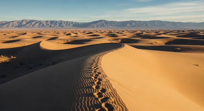 Desert sand dunes with human footprints, vast arid landscape under blue sky, golden ripples on sahara dunes, remote wilderness background