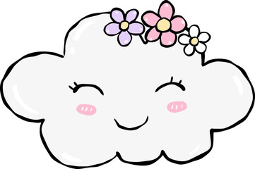 Obraz premium Sweet smiling cloud with floral hair clips, cute weather character for nursery art