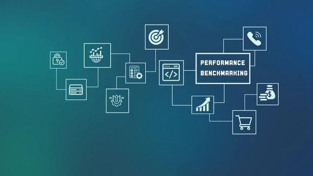 Performance benchmarking concept with icons for data analysis, business growth, target metrics, and competitive industry standards.
