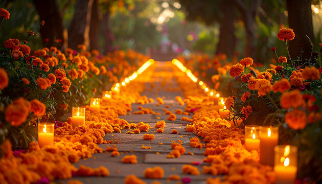 Mexican Marigold Path- A vibrant orange -Cempas%C3%BAchil- path with soft candle lighting