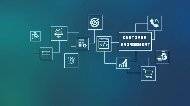 Customer engagement strategy and consumer relationship management concept with digital marketing and communication network icons.