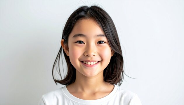 白い背景で明るく笑う日本人の女の子（10歳前後・子供ポートレート）, Happy smiling Japanese girl around 10 years old on white background portrait