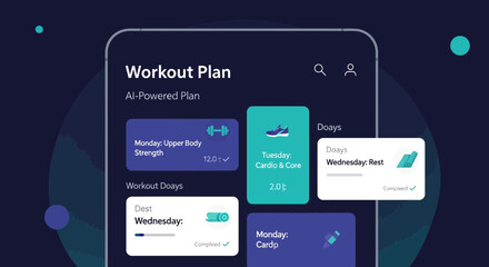 Naklejka premium AI-Powered Workout Plan App: Dynamic interface of an app showcases a user-friendly workout plan with options for different activities and progress tracking.