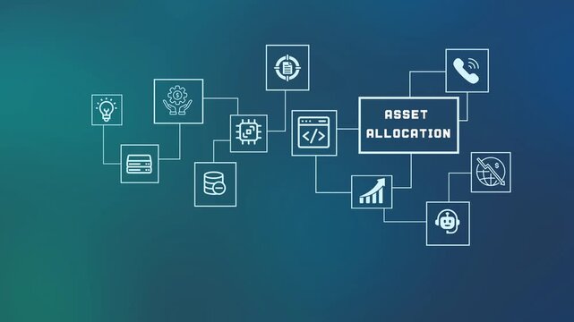  Asset allocation and financial portfolio management concept with digital investment icons and global economic data flowchart.