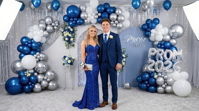 Young couple dressed up for prom night with blue and silver balloon decorations
