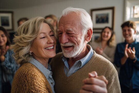 An elderly couple with white hair joyfully dances in a warmly lit living room, surrounded by clapping family. Dressed in sweaters over collared shirts, they smile genuinely. The scene radiates intimat