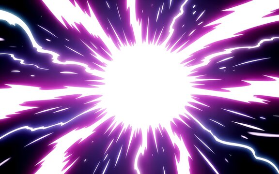 Vibrant purple and white energy explosion with radiating light beams against a dark background, symbolizing power and impact.