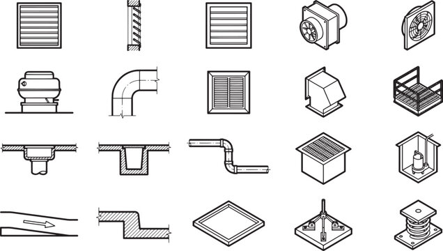 Collection of HVAC components in a simple diagrammatic style. Featuring ventilation, ducting, and air control elements, perfectly suited for use in technical illustrations and designs.